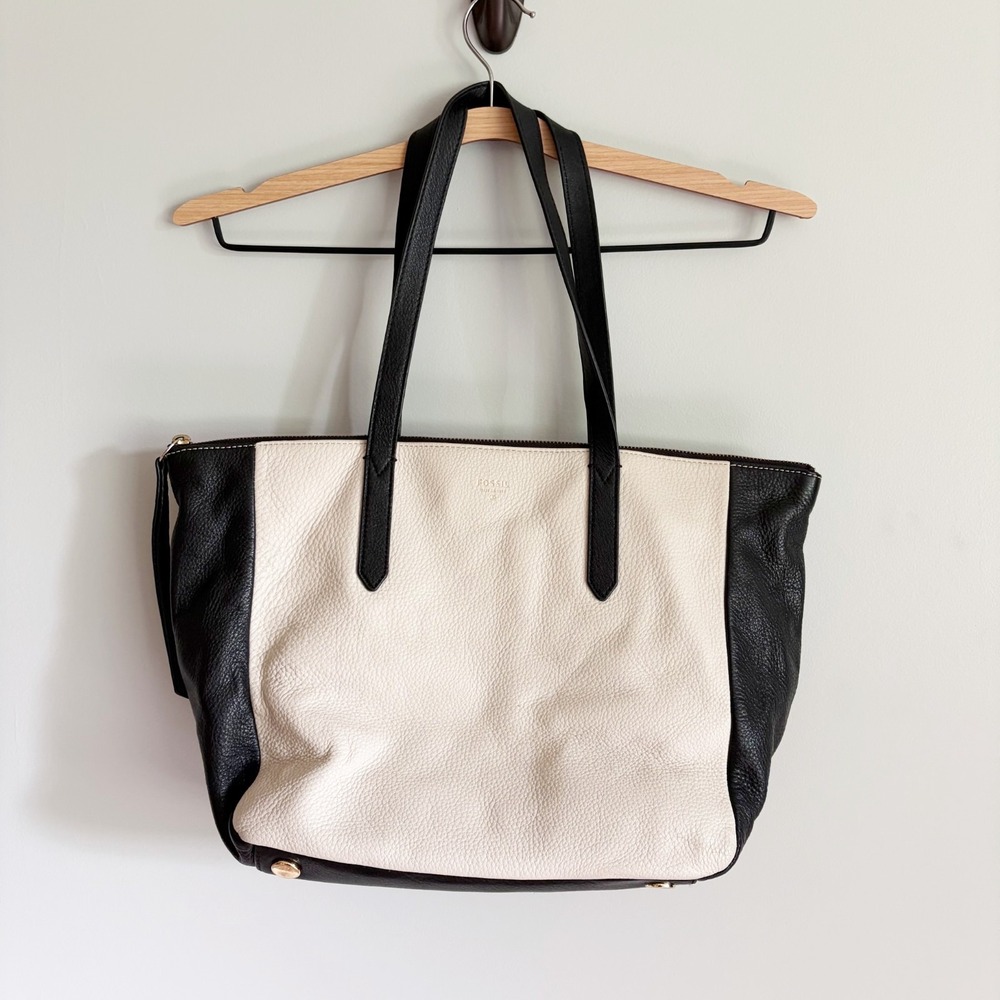 Fossil Shoulder Bag Sydney Shopper Tote Ivory Black 100% Leather Colorblock